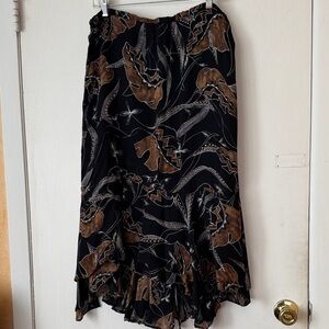 Chico's Asymmetrical Silk Flowing Midi Skirt in Black & Brown Floral Design